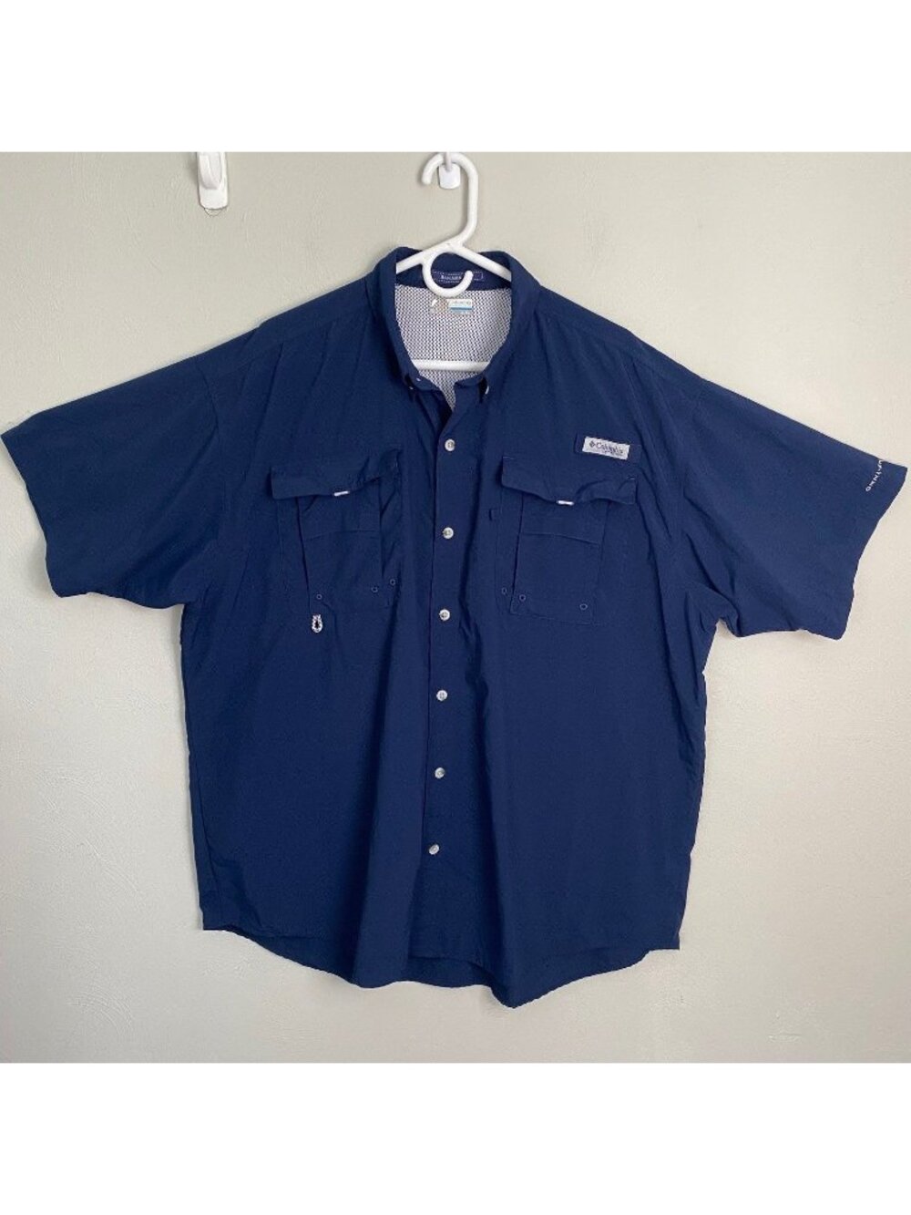 Columbia Mens XL Omni Shade PFG Bahama Fishing Shirt Navy Blue Outdoor Pockets